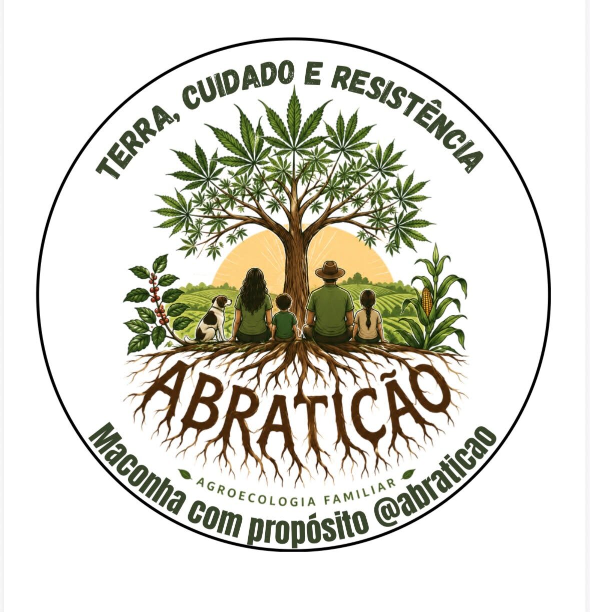 Adesivo redondo da Abraticão com o mote "Terra, cuidado e resistência — maconha com propósito @abraticao"