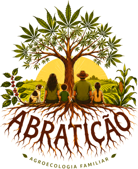 Logo da Abraticão: uma família e seu cão sentados sob uma árvore de cannabis, com raízes formando o nome